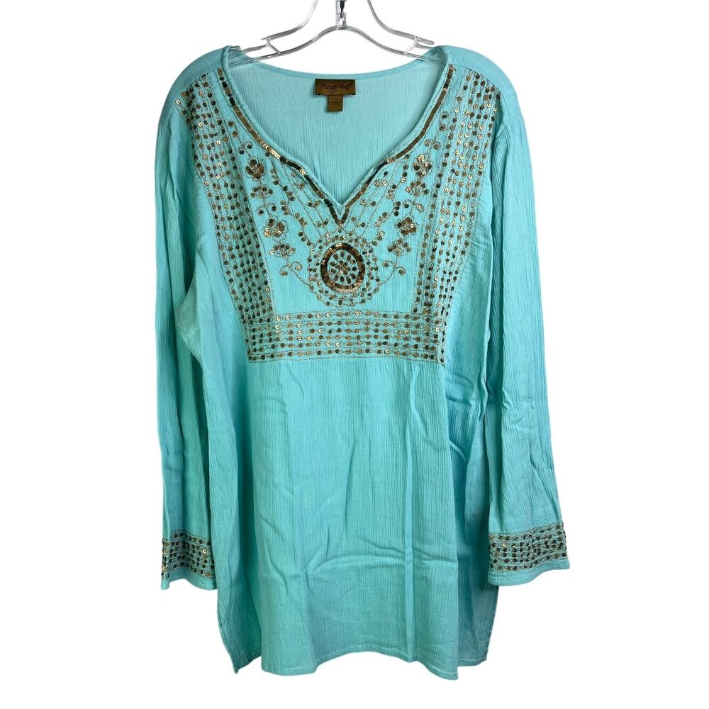 Midnight Velvet‎ Tunic Top Womens Size Large Green Sequin V-Neck Long Sleeve